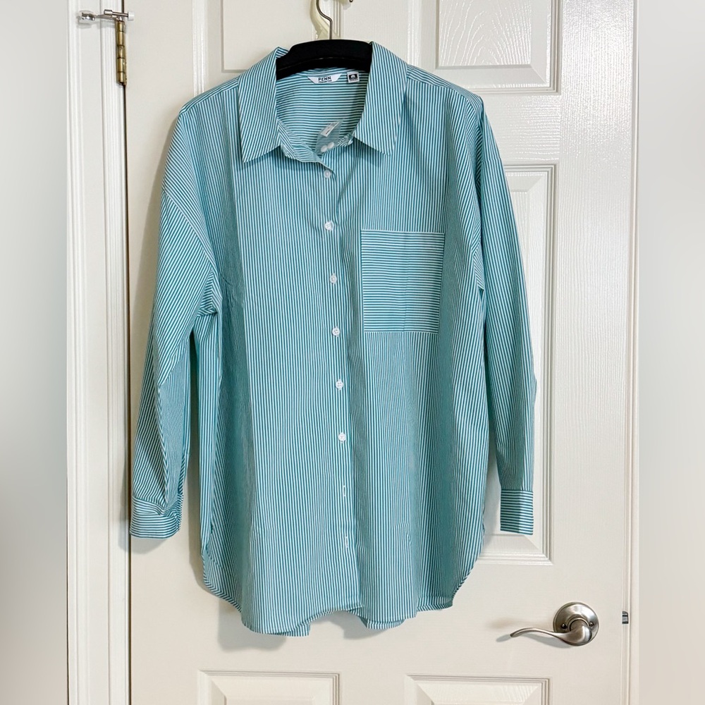 Penningtons Green and White Striped Button-Down Shirt